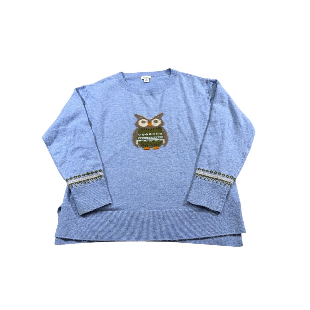 Sundance Owl Graphic Sweater Small Blue Fair Isle‎ Granola Knit Cottagecore Boho